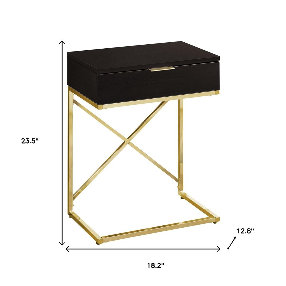 Gold and Black Wood and Metal End Table with Drawer - 24-inch