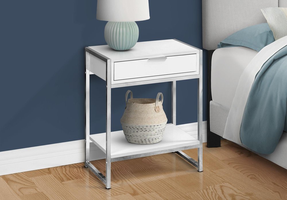 Silver and White Wood and Metal End Table with Drawer and Shelf
