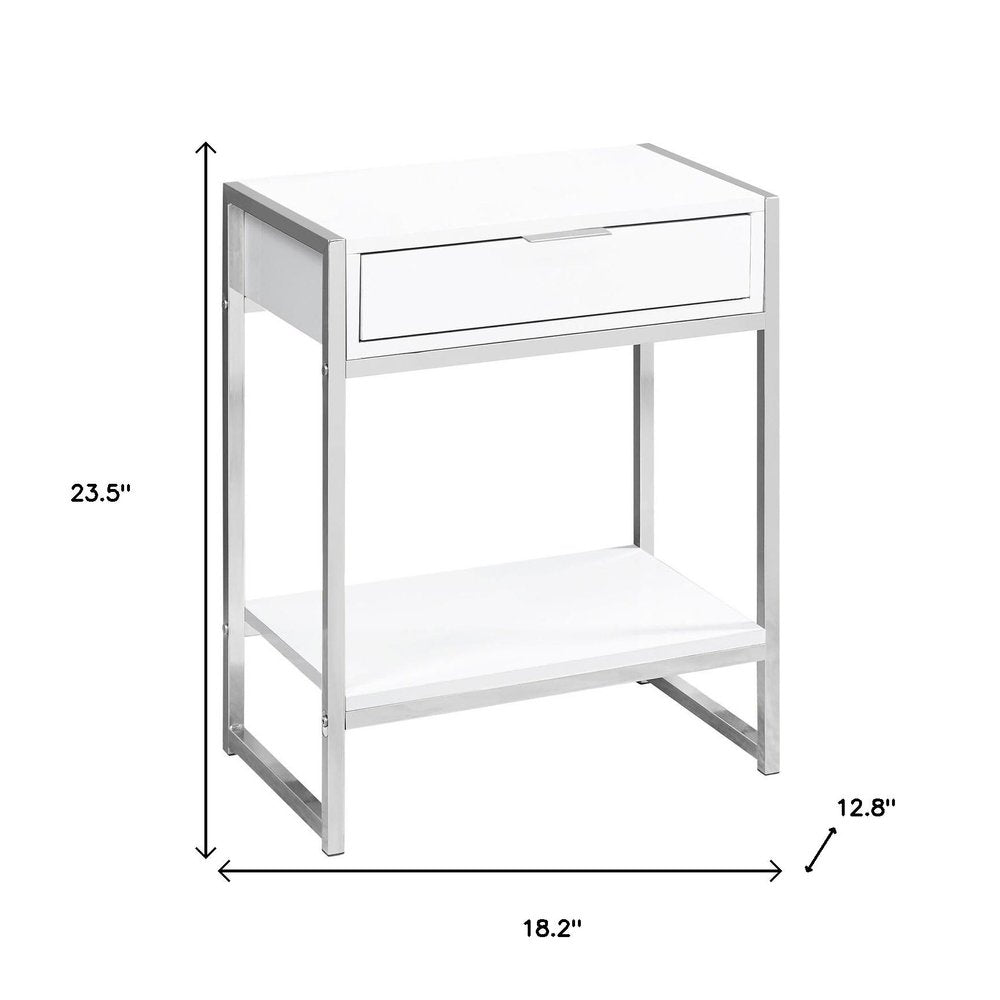 Silver and White Wood and Metal End Table with Drawer and Shelf