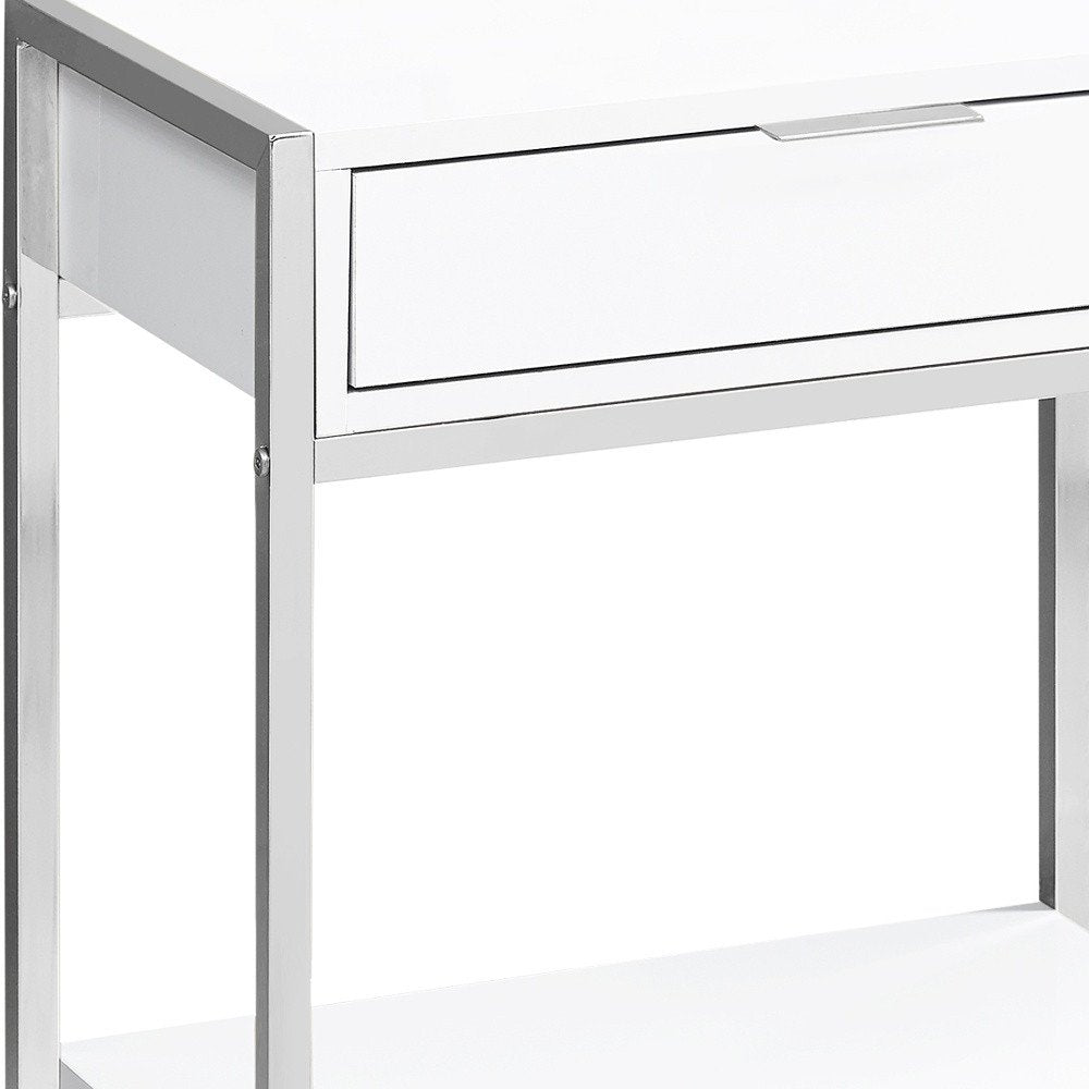 Silver and White Wood and Metal End Table with Drawer and Shelf