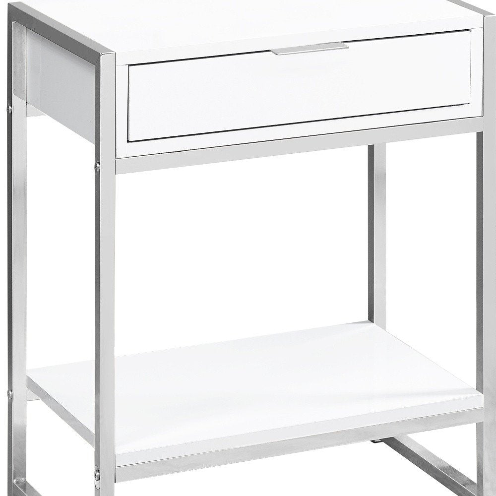 Silver and White Wood and Metal End Table with Drawer and Shelf