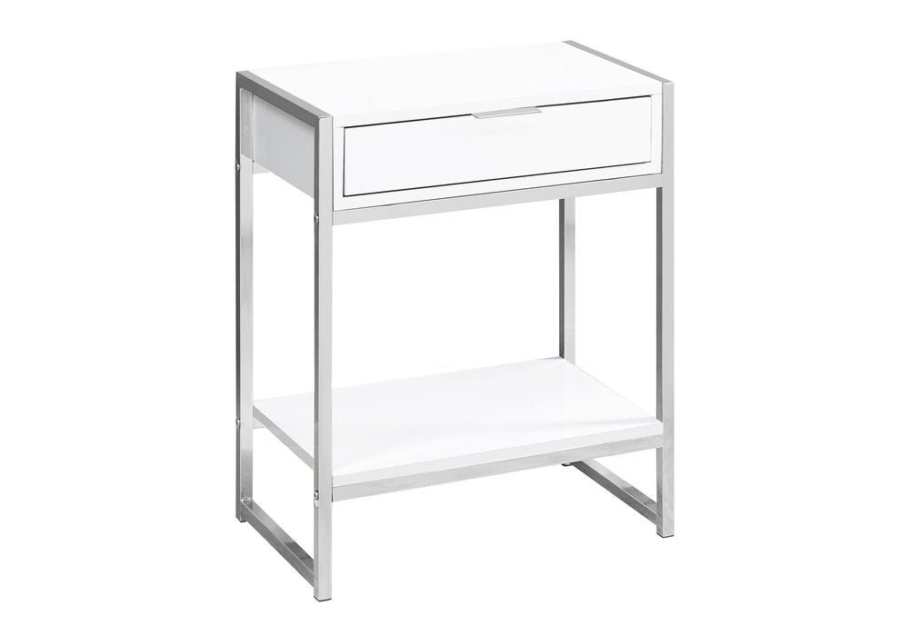 Silver and White Wood and Metal End Table with Drawer and Shelf