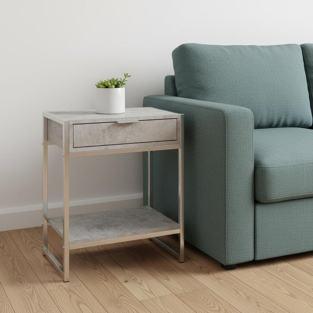Silver and White Wood and Metal End Table with Drawer and Shelf