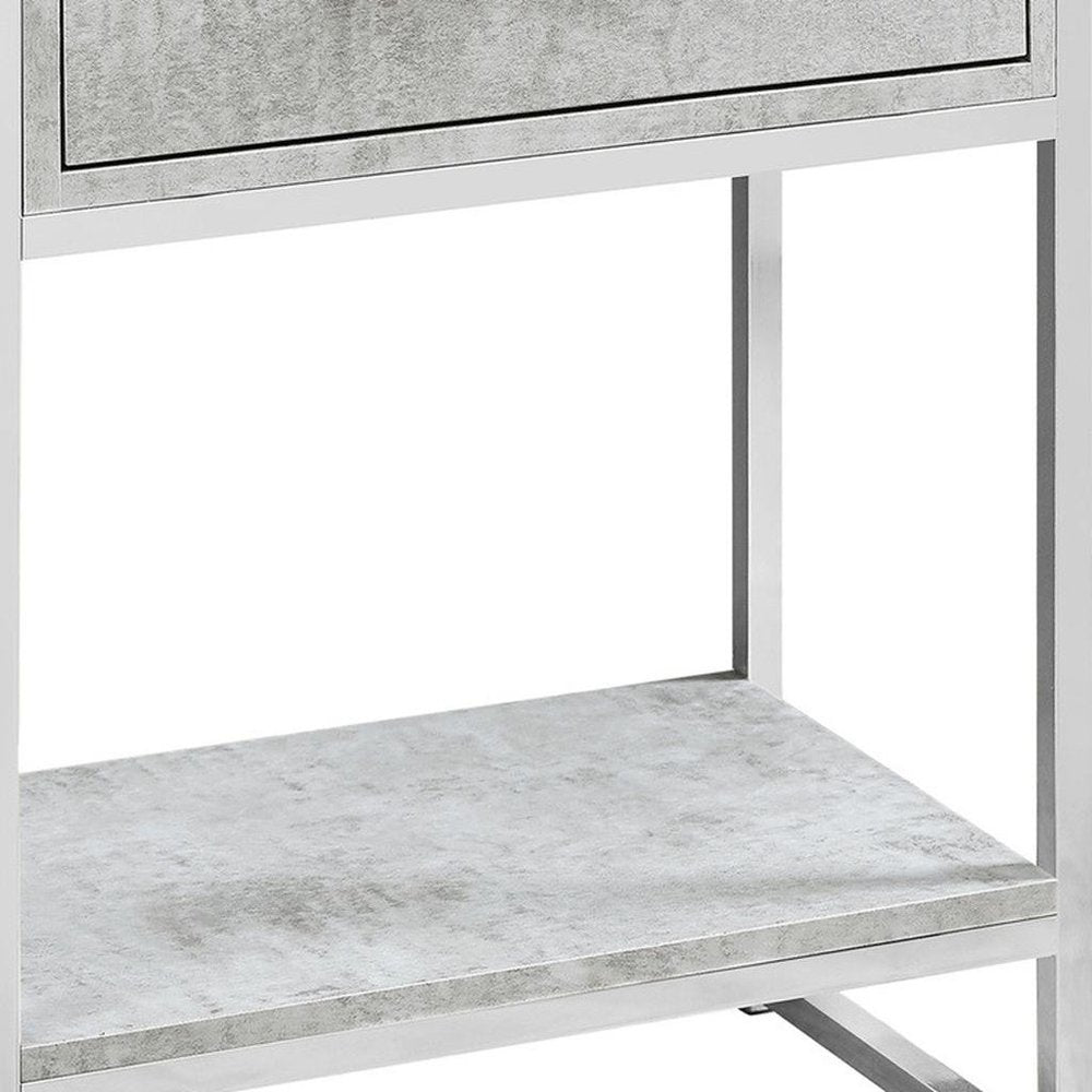 Silver and White Wood and Metal End Table with Drawer and Shelf