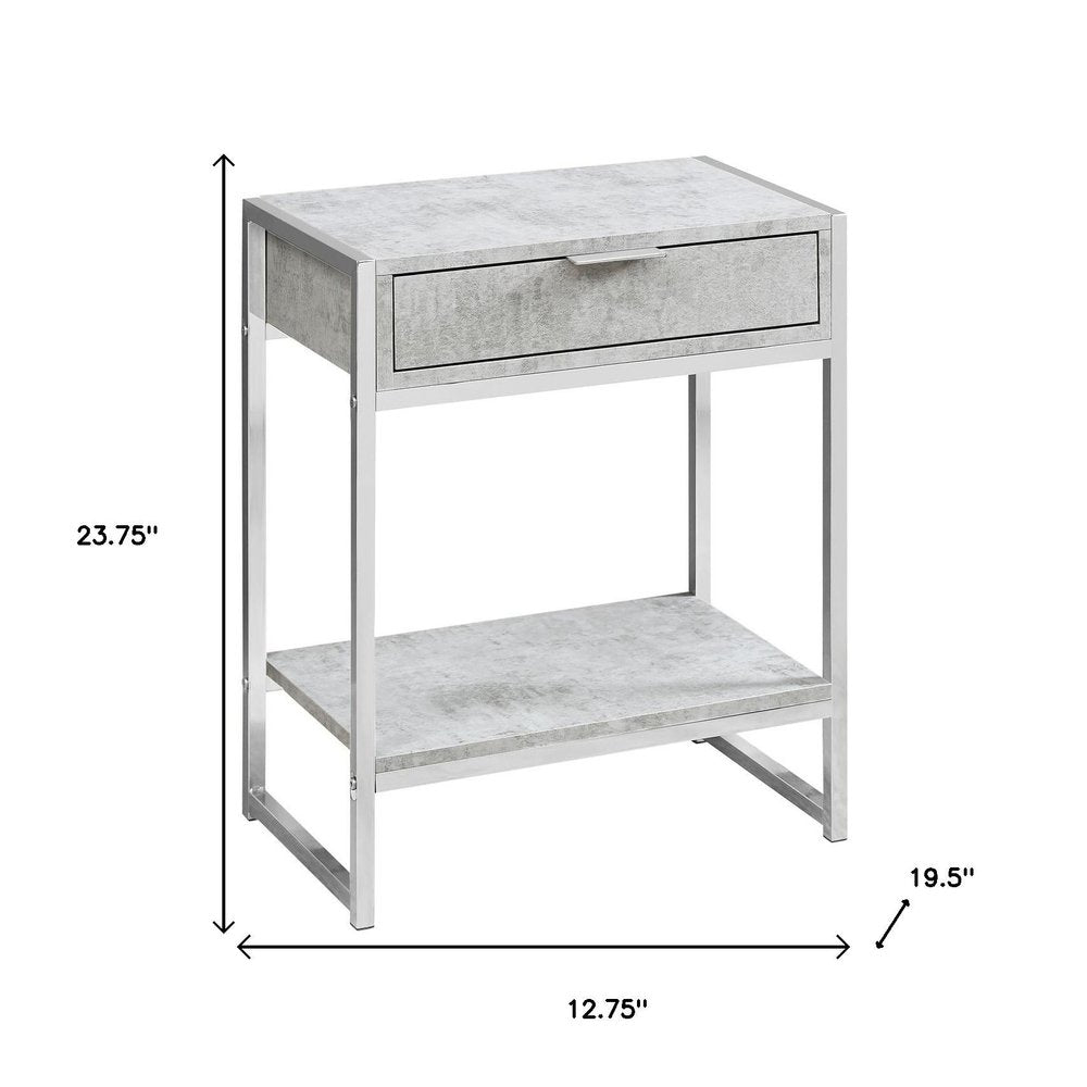 Silver and White Wood and Metal End Table with Drawer and Shelf