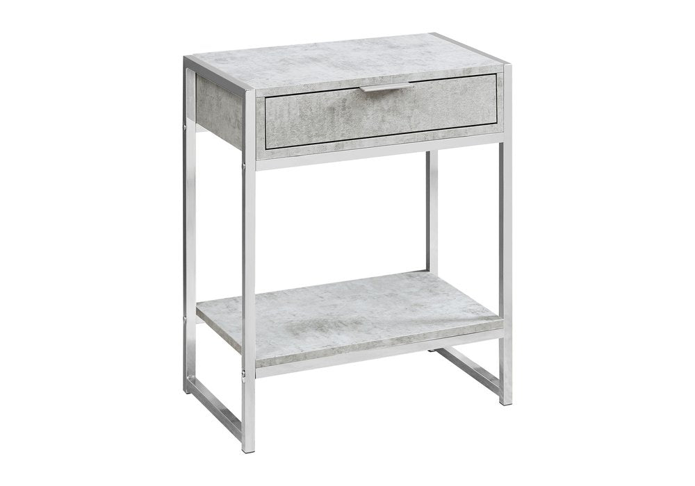 Silver and White Wood and Metal End Table with Drawer and Shelf