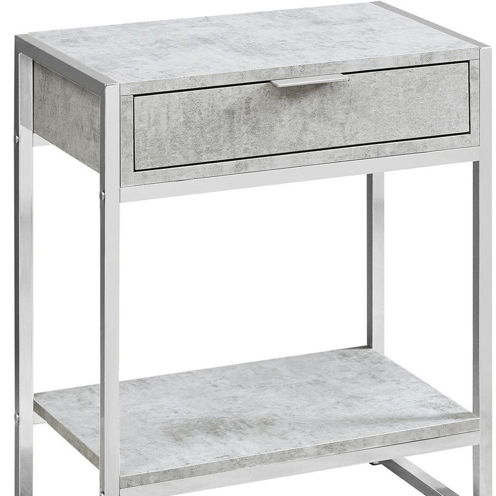 Silver and White Wood and Metal End Table with Drawer and Shelf