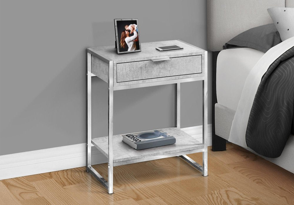 Silver and White Wood and Metal End Table with Drawer and Shelf