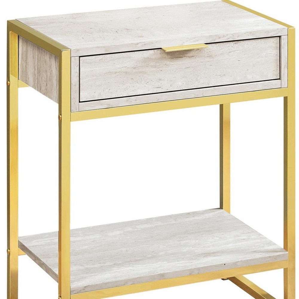 Silver and White Wood and Metal End Table with Drawer and Shelf