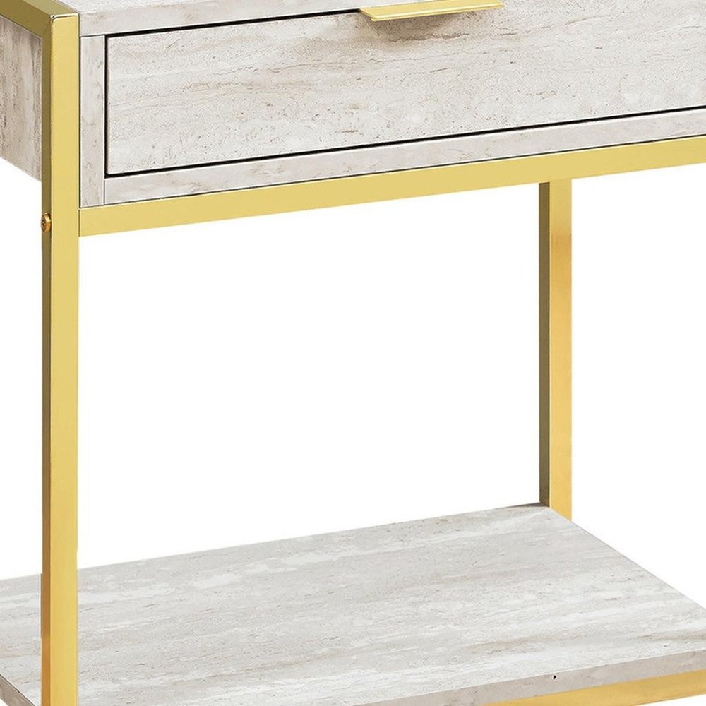 Silver and White Wood and Metal End Table with Drawer and Shelf