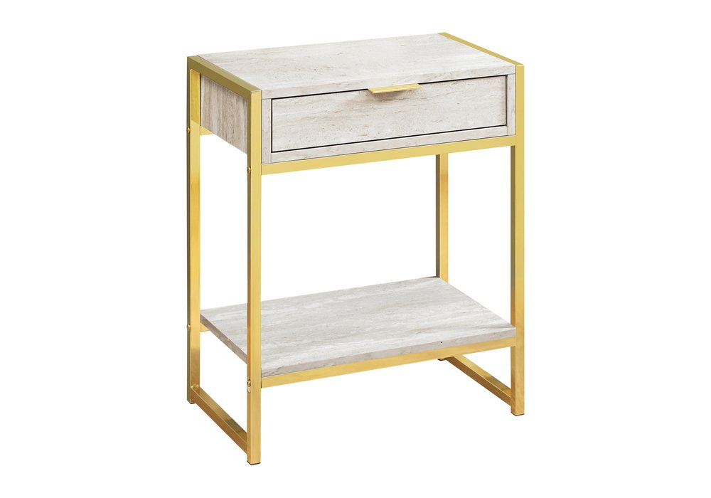 Silver and White Wood and Metal End Table with Drawer and Shelf