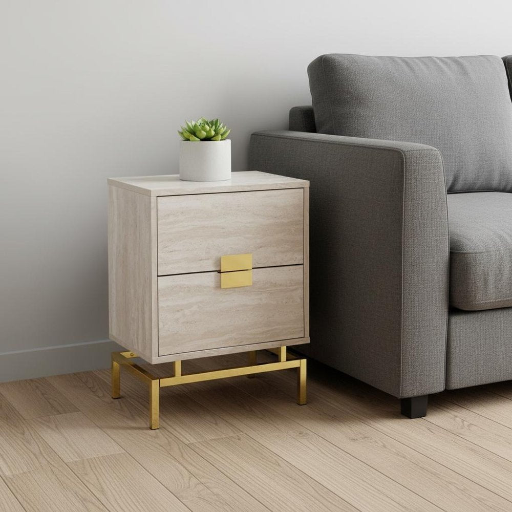 Gold and Beige End Table with Two Drawers - 24-inch