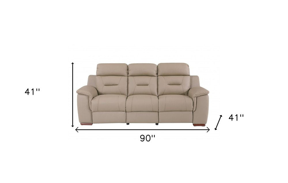 Beige Faux Leather Sofa with Brown Legs - 90-inch