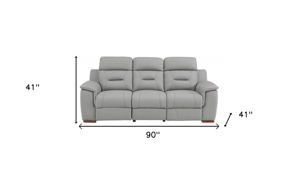 Gray Faux Leather Reclining Sofa with Brown Legs - 90-inch