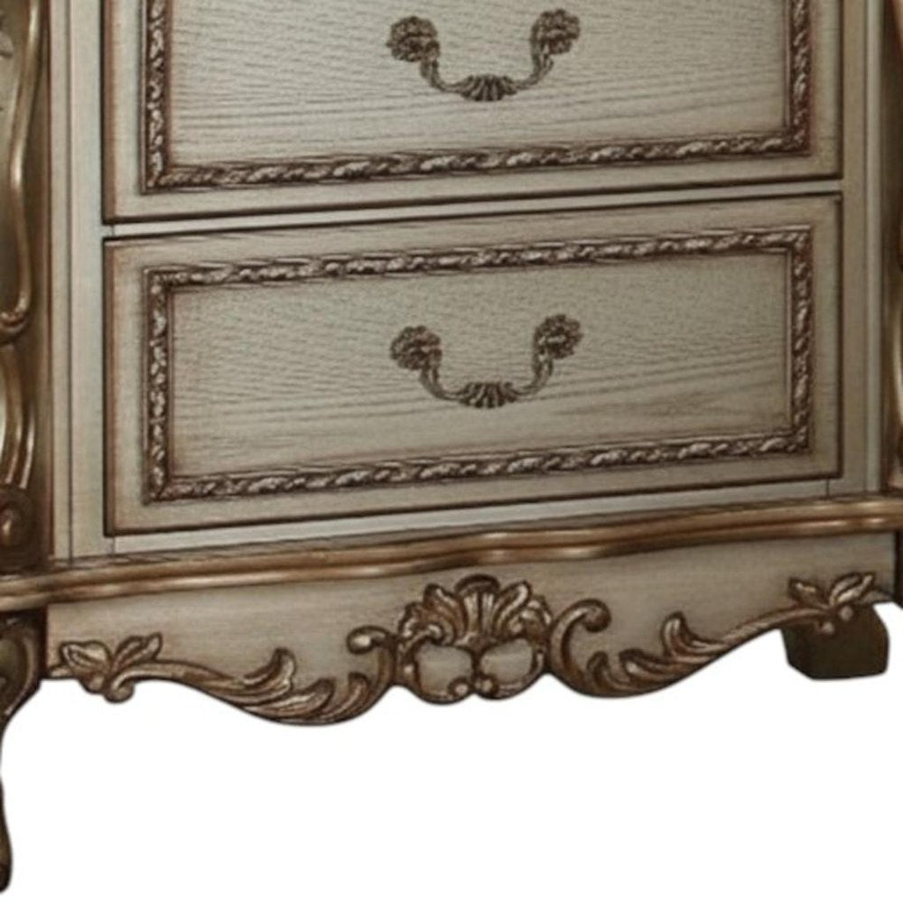 Gold Two Drawers Solid Wood Mirrored Nightstand - 31-inch