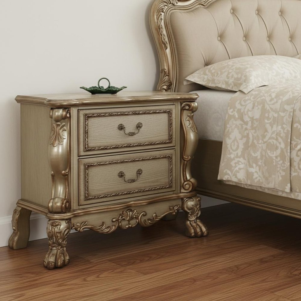 Gold Two Drawers Solid Wood Mirrored Nightstand - 31-inch