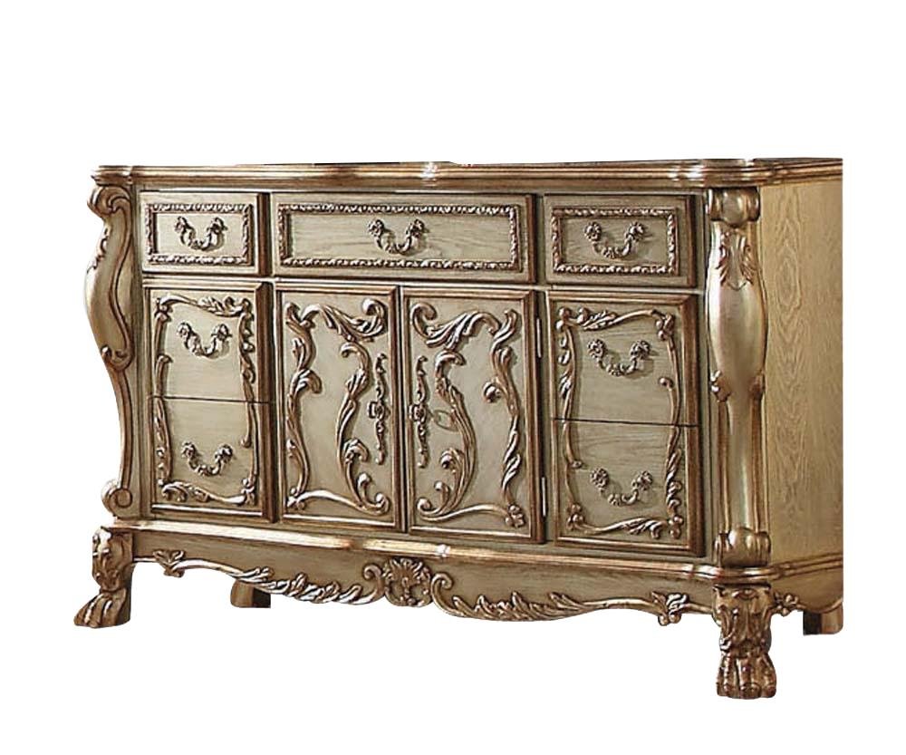 Gold Solid Wood Carved Scrollwork Seven Drawer Sideboard with Two Doors