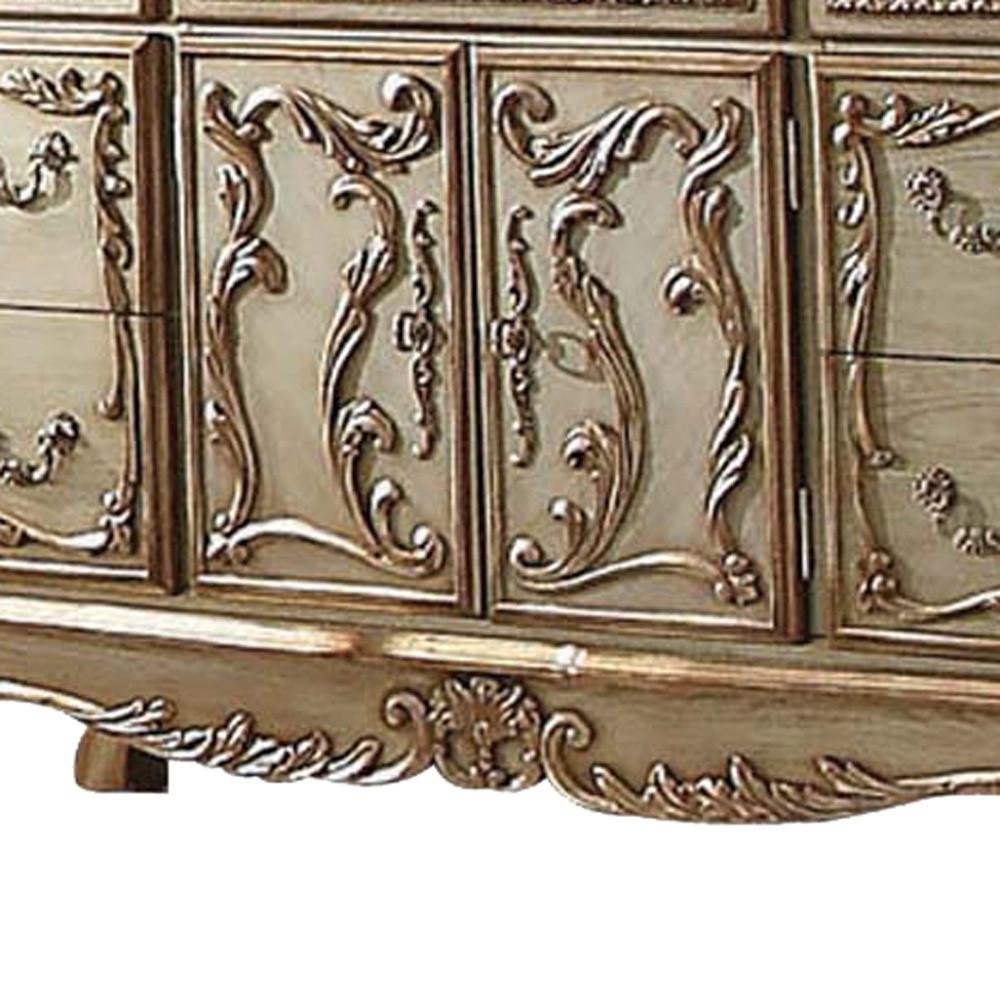 Gold Solid Wood Carved Scrollwork Seven Drawer Sideboard with Two Doors