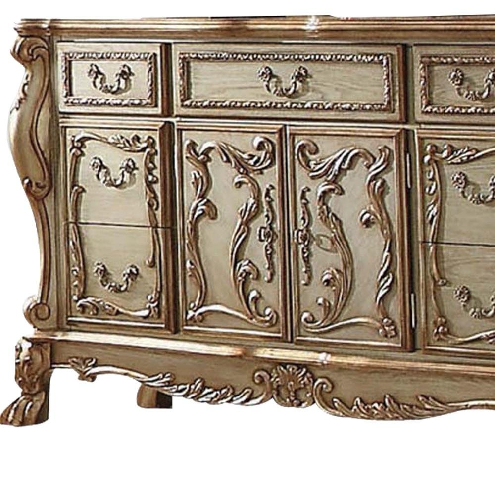Gold Solid Wood Carved Scrollwork Seven Drawer Sideboard with Two Doors