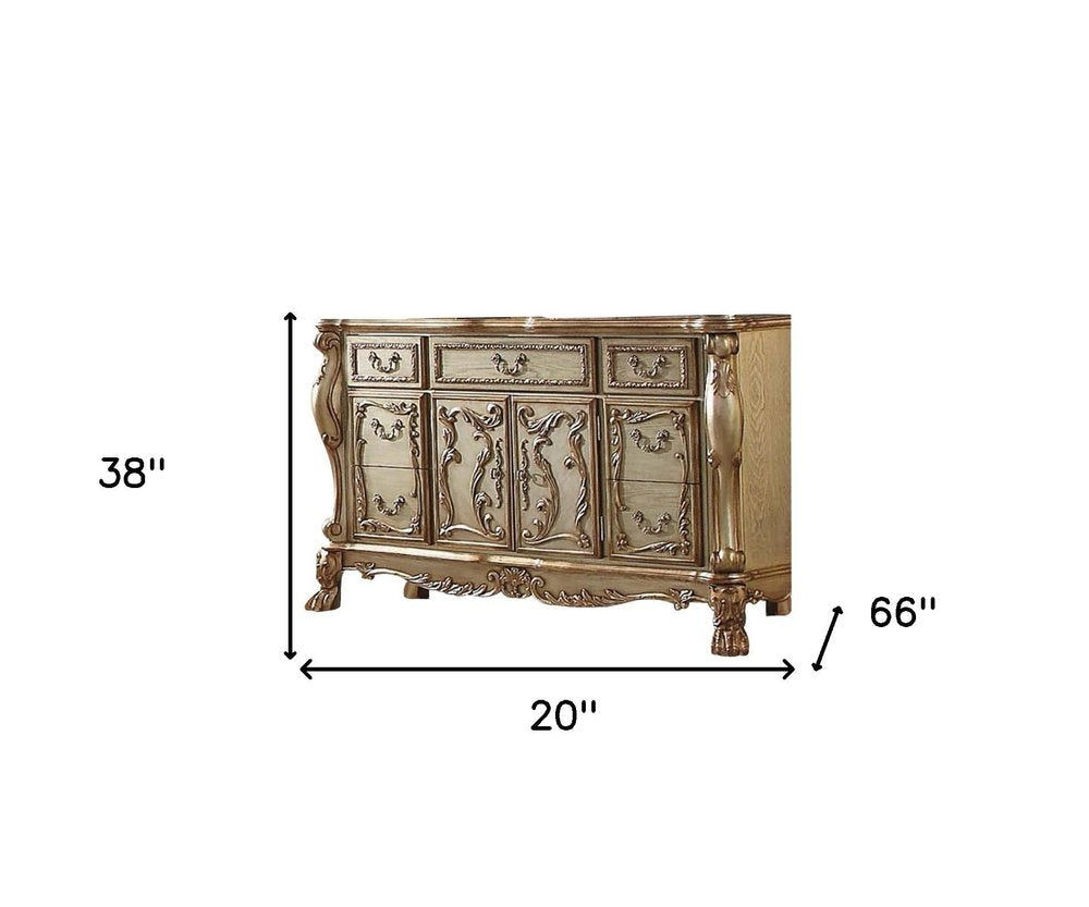 Gold Solid Wood Carved Scrollwork Seven Drawer Sideboard with Two Doors