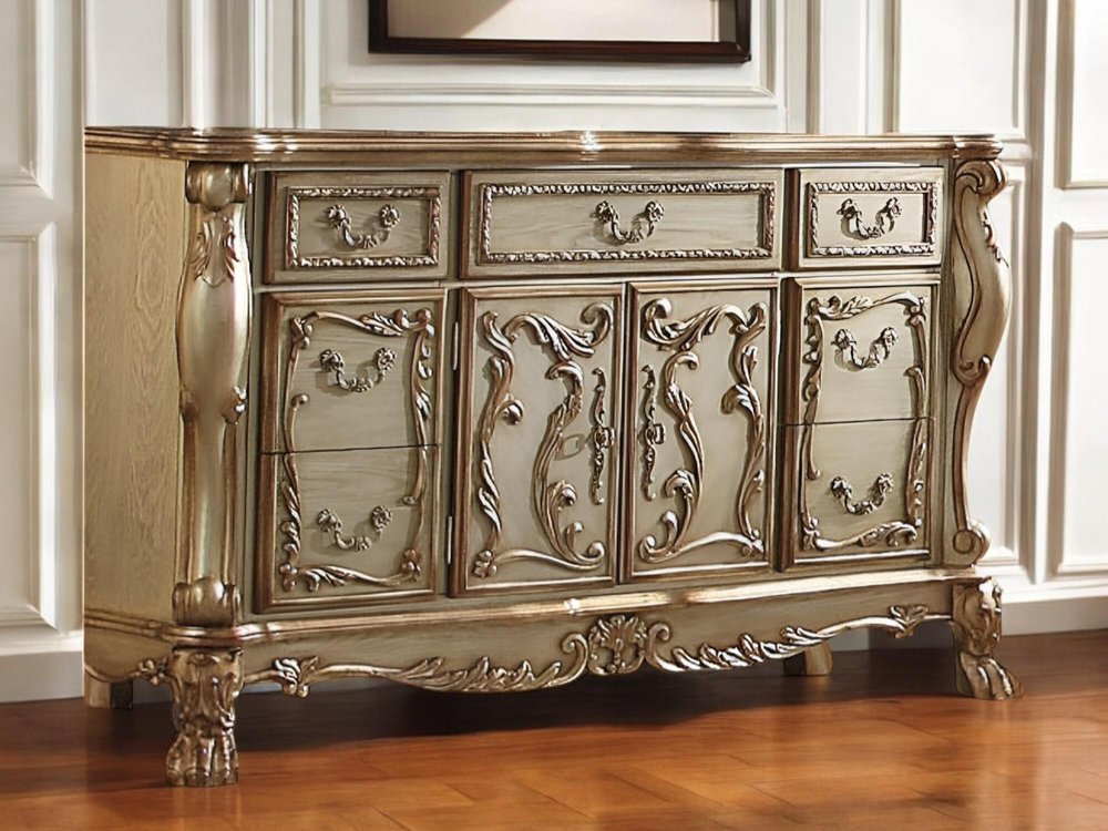 Gold Solid Wood Carved Scrollwork Seven Drawer Sideboard with Two Doors