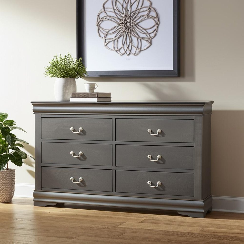 Gray Solid Wood Six Drawer Double Dresser - 57-inch