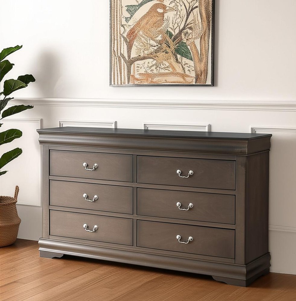 Gray Solid Wood Six Drawer Double Dresser - 57-inch