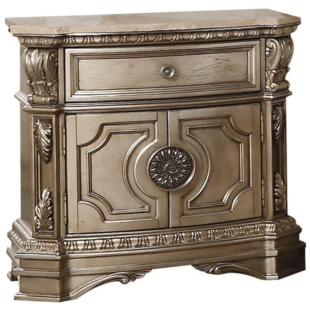 Champagne One Drawer Faux Marble and Solid Wood Nightstand with Storage