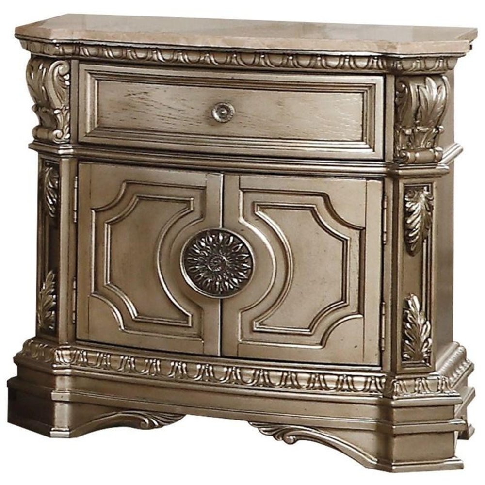 Champagne One Drawer Faux Marble and Solid Wood Nightstand with Storage