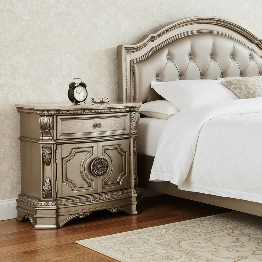 Champagne One Drawer Faux Marble and Solid Wood Nightstand with Storage