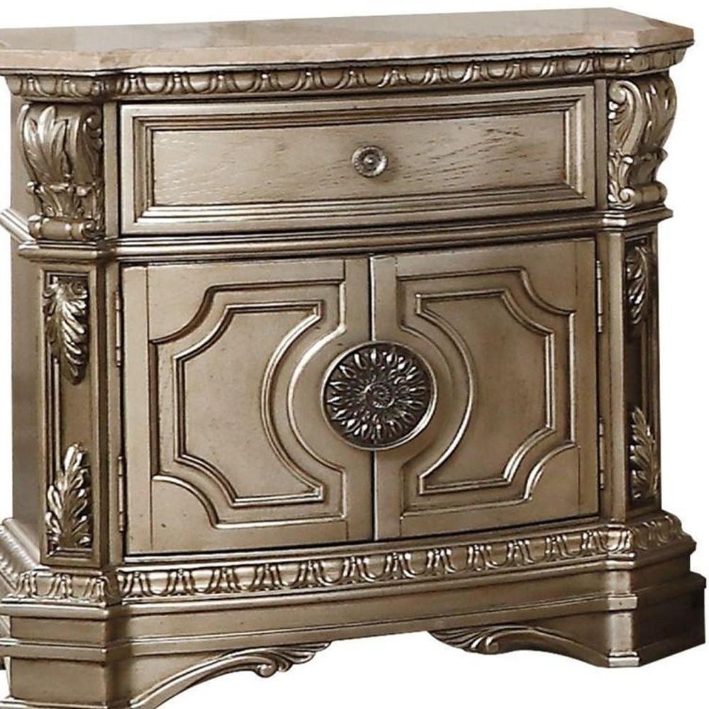 Champagne One Drawer Faux Marble and Solid Wood Nightstand with Storage