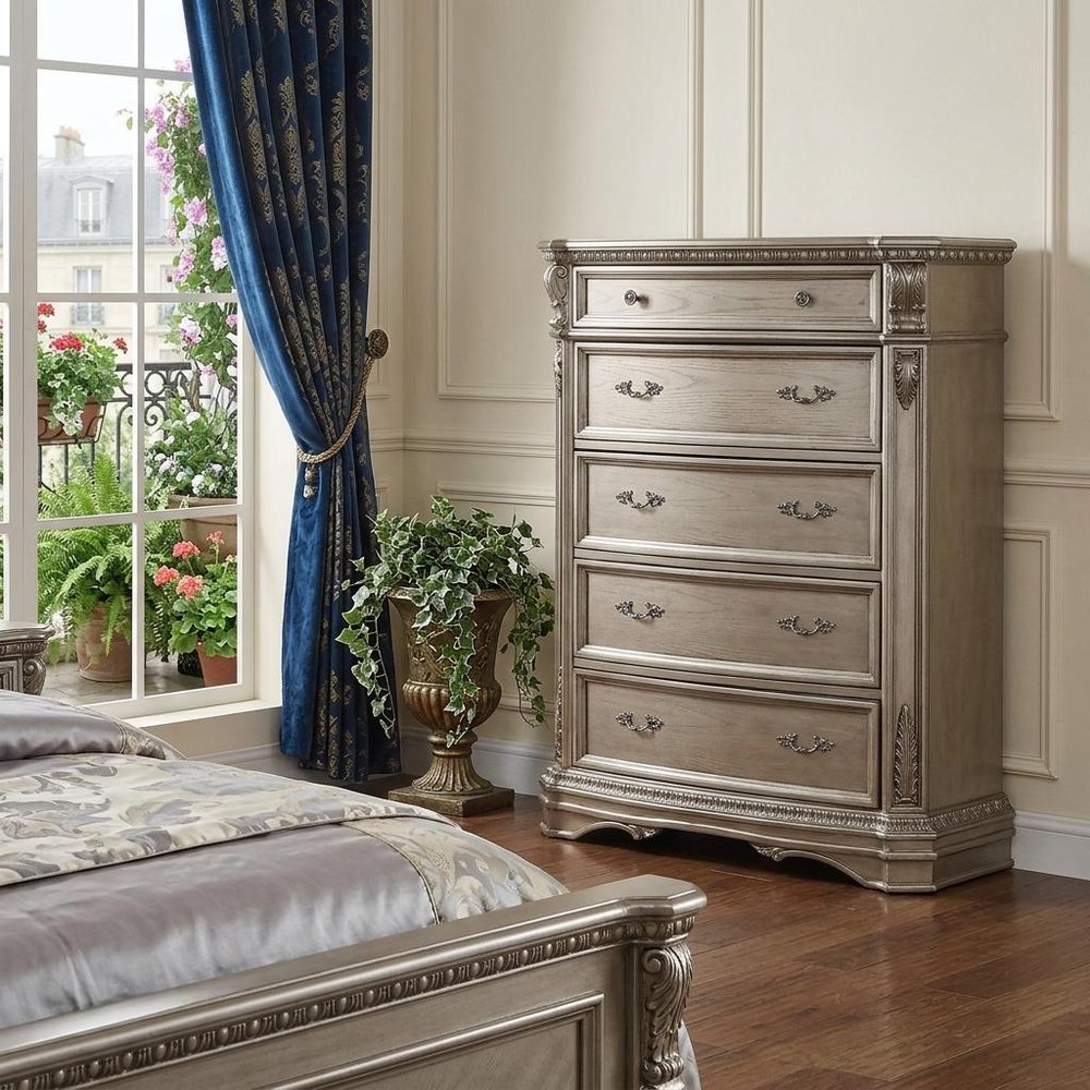 Champagne Carved Scrollwork Solid Wood Five Drawer Gentlemens Chest - 20-inch