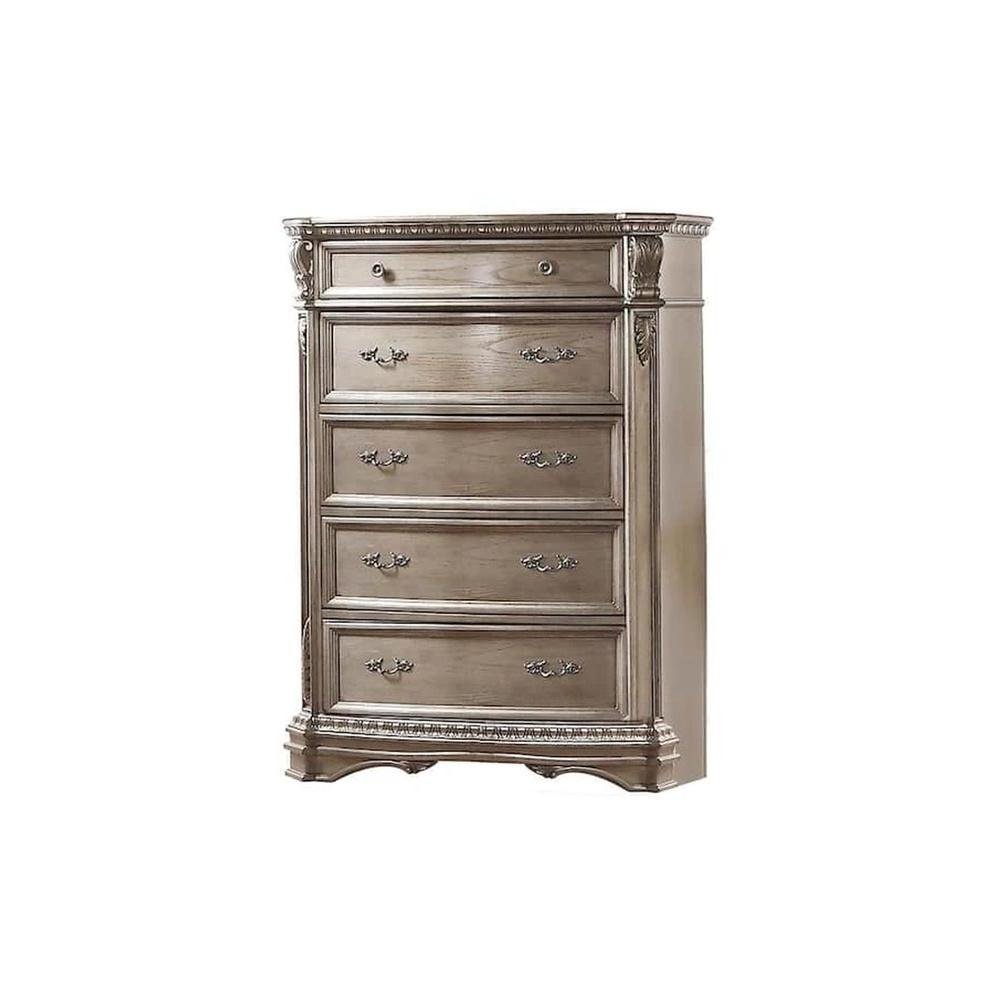 Champagne Carved Scrollwork Solid Wood Five Drawer Gentlemens Chest - 20-inch