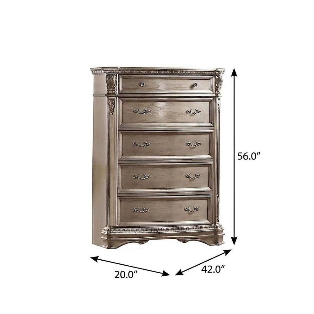 Champagne Carved Scrollwork Solid Wood Five Drawer Gentlemens Chest - 20-inch