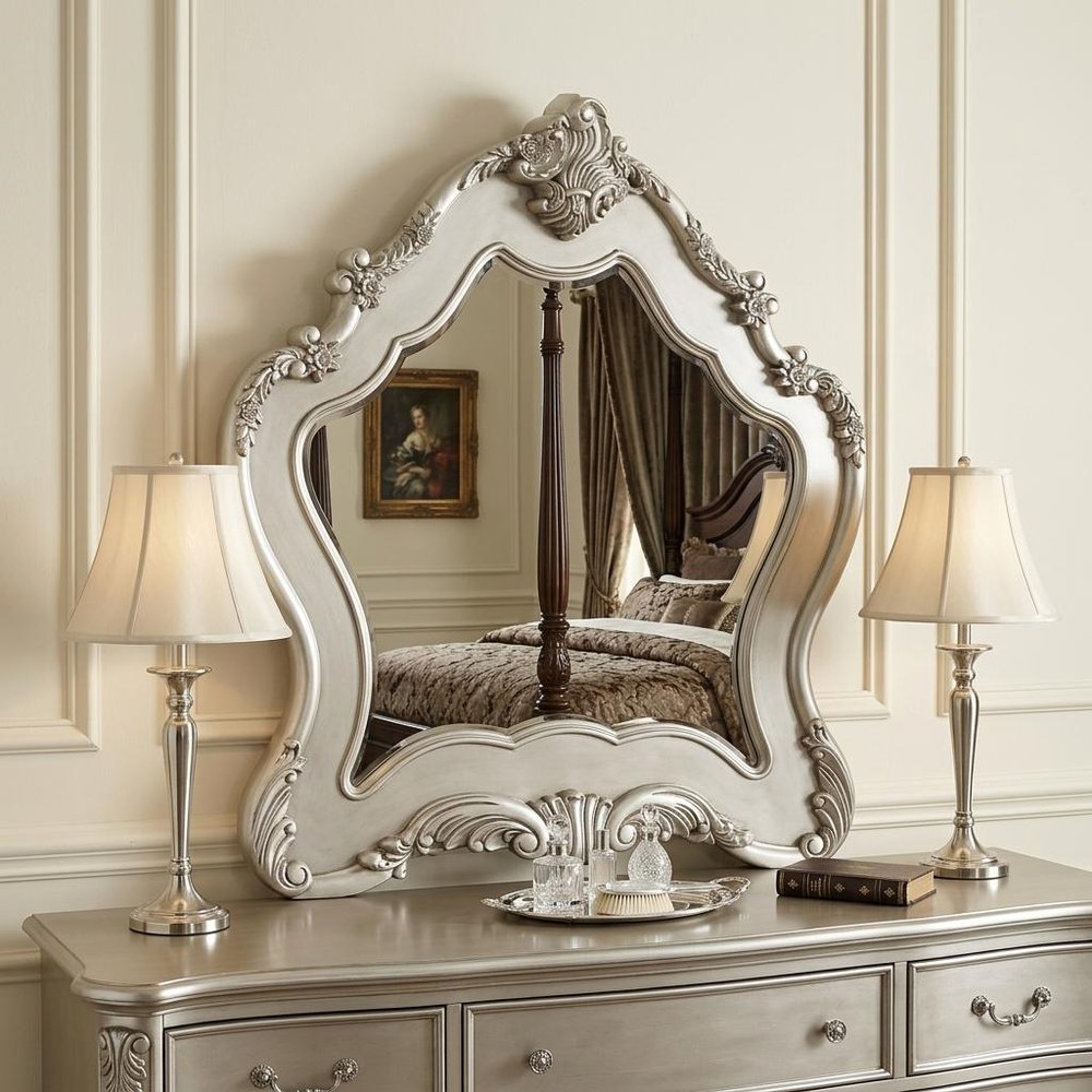 White Abstract Wood Framed Mounted Dresser Mirror - 48-inch