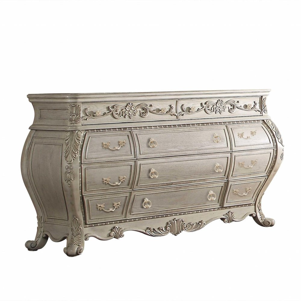 Off White Solid Wood Nine Drawer Double Dresser - 73-inch