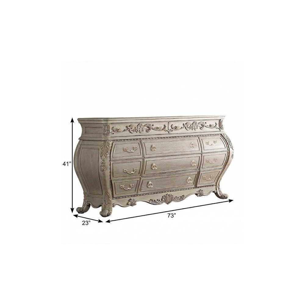 Off White Solid Wood Nine Drawer Double Dresser - 73-inch