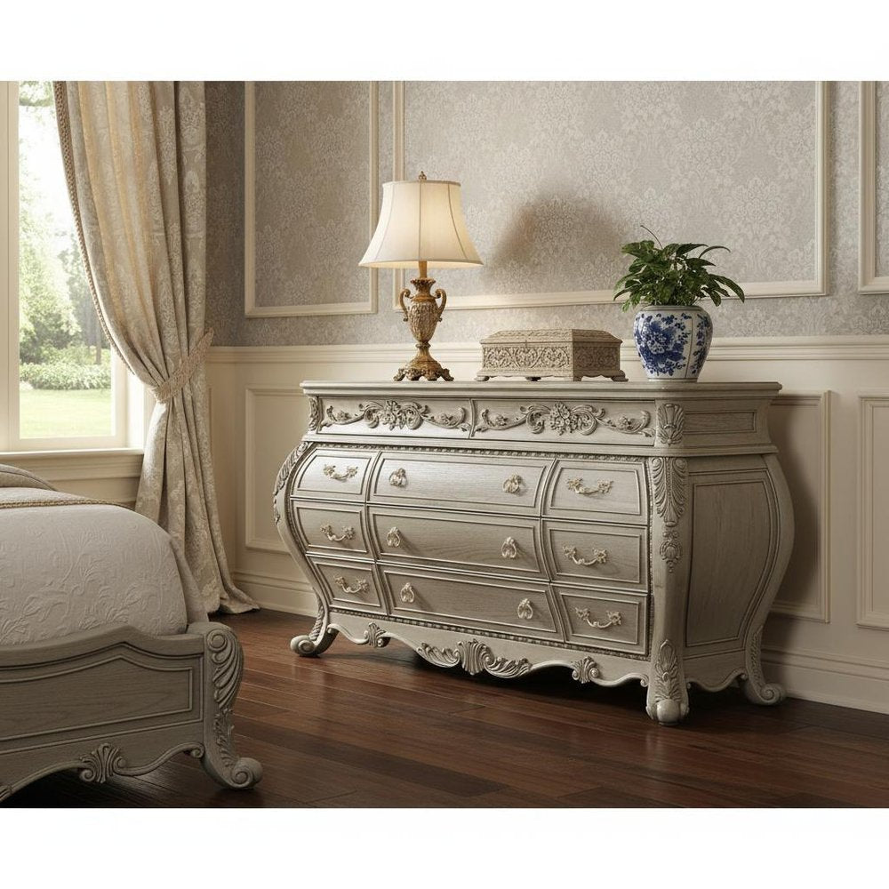 Off White Solid Wood Nine Drawer Double Dresser - 73-inch
