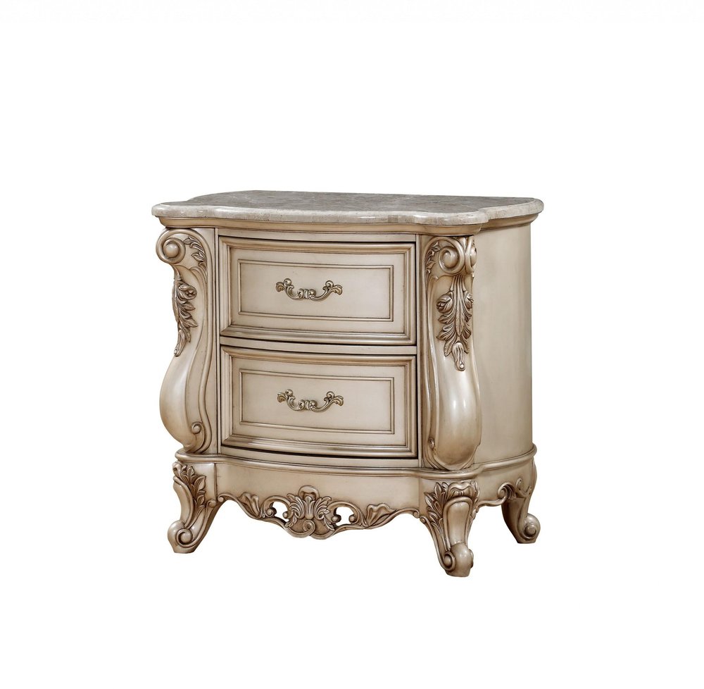 Antiqued White Two Drawers Mirrored Nightstand - 32-inch