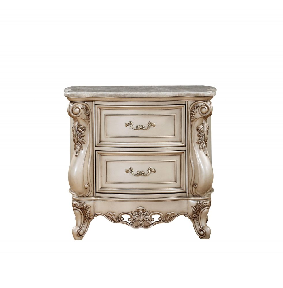 Antiqued White Two Drawers Mirrored Nightstand - 32-inch