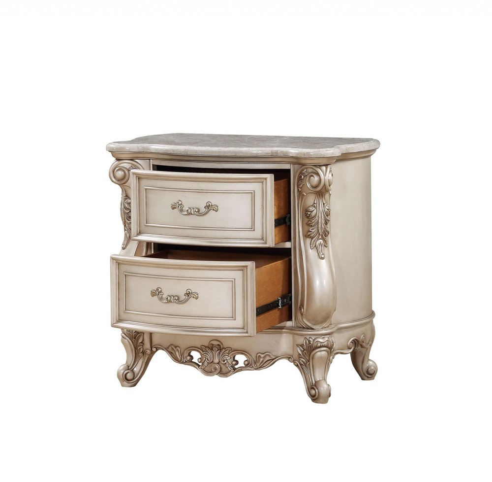 Antiqued White Two Drawers Mirrored Nightstand - 32-inch