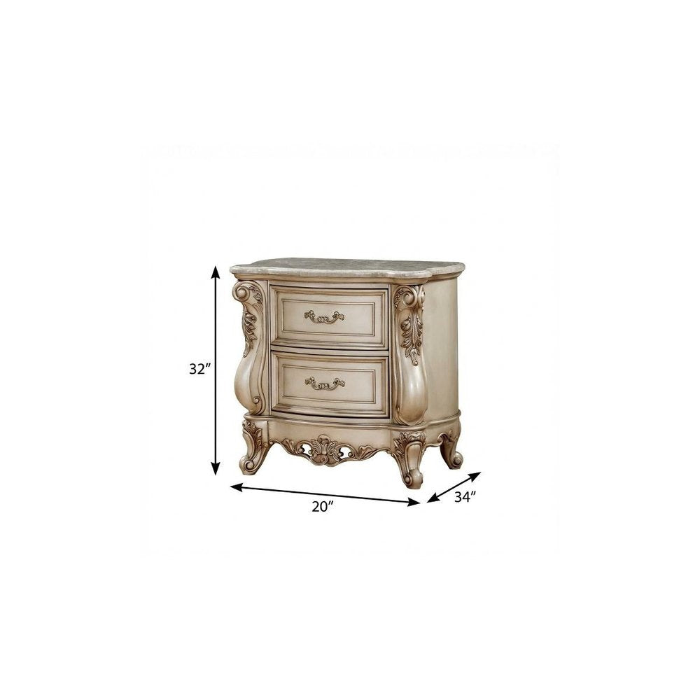 Antiqued White Two Drawers Mirrored Nightstand - 32-inch