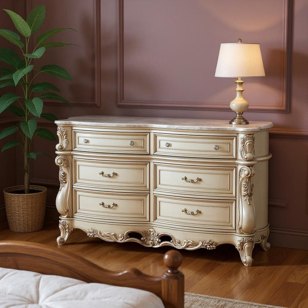 Beige Solid Wood Six Drawer Double Dresser - 7200-inch
