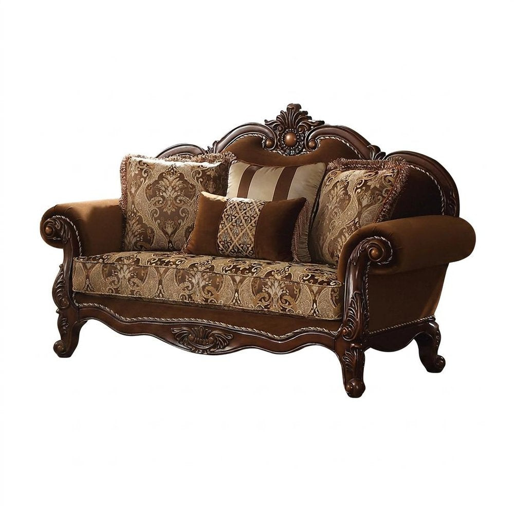 Brown Damask Chesterfield Loveseat and Toss Pillows - 69-inch
