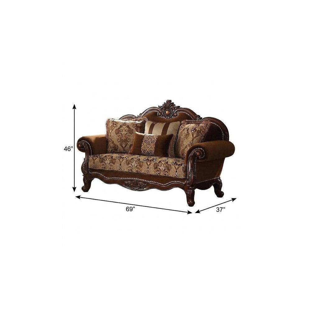 Brown Damask Chesterfield Loveseat and Toss Pillows - 69-inch