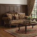 Brown Damask Chesterfield Loveseat and Toss Pillows - 69-inch