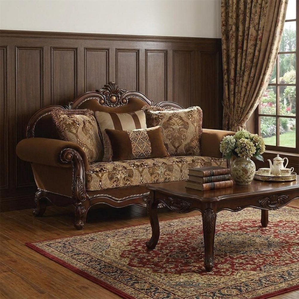 Brown Damask Chesterfield Loveseat and Toss Pillows - 69-inch