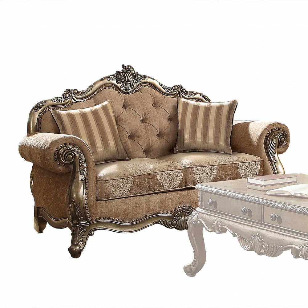 Brown and Platinum Damask Chesterfield Loveseat - 69-inch
