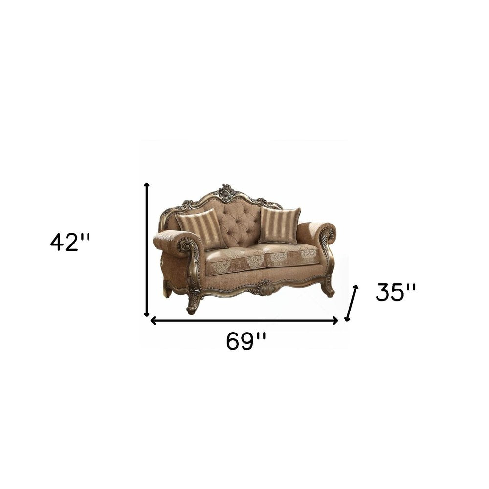 Brown and Platinum Damask Chesterfield Loveseat - 69-inch