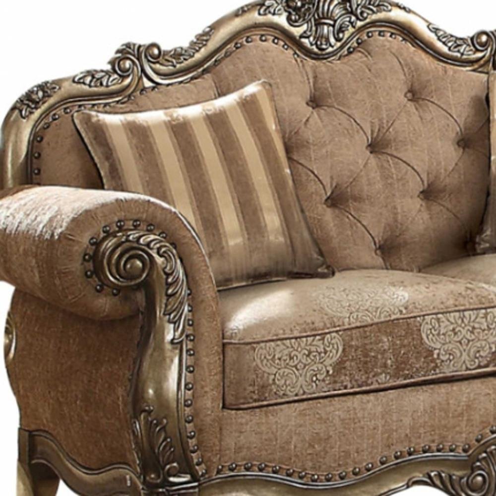 Brown and Platinum Damask Chesterfield Loveseat - 69-inch